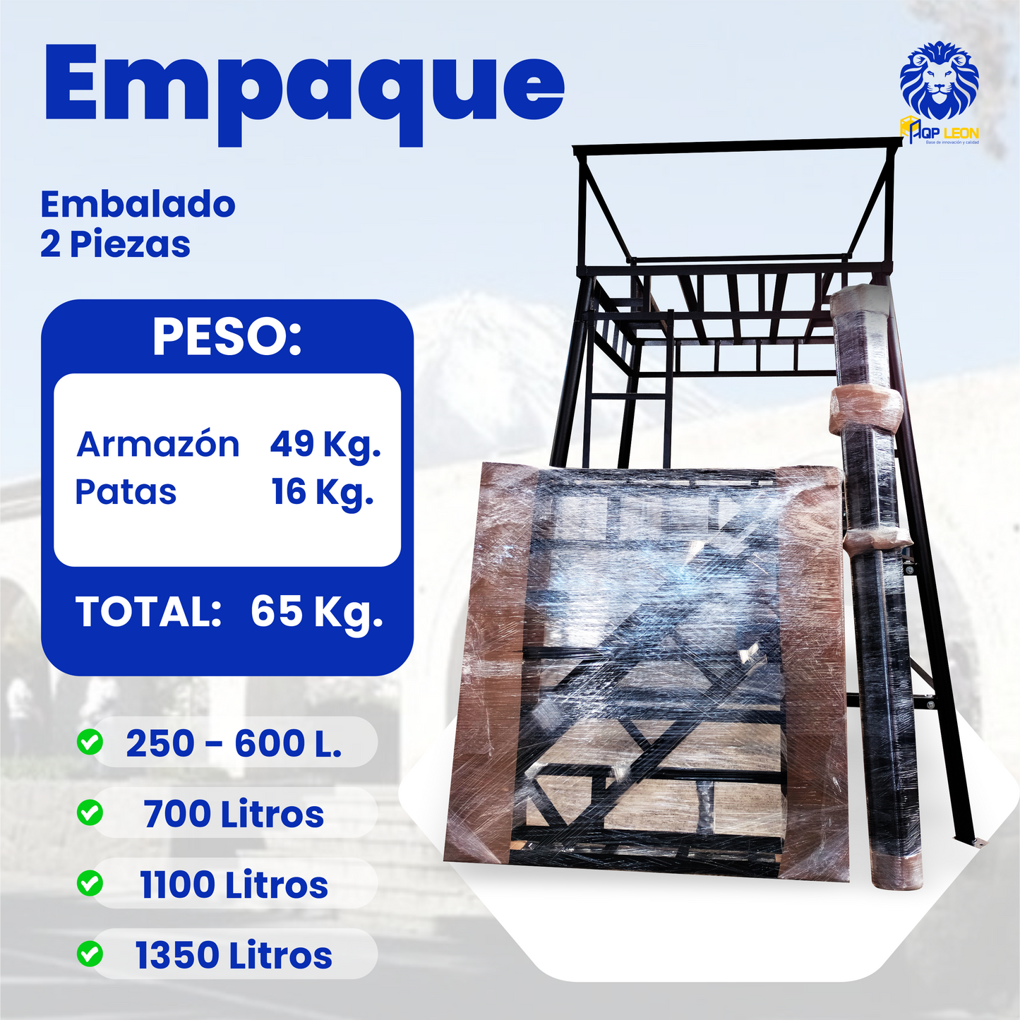 Base metálica armable 2m. de altura 1350 Litros - MODELO ABIERTO